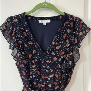 DR2 Blue Midi Dress Flutter Cap Sleeves V-Neck